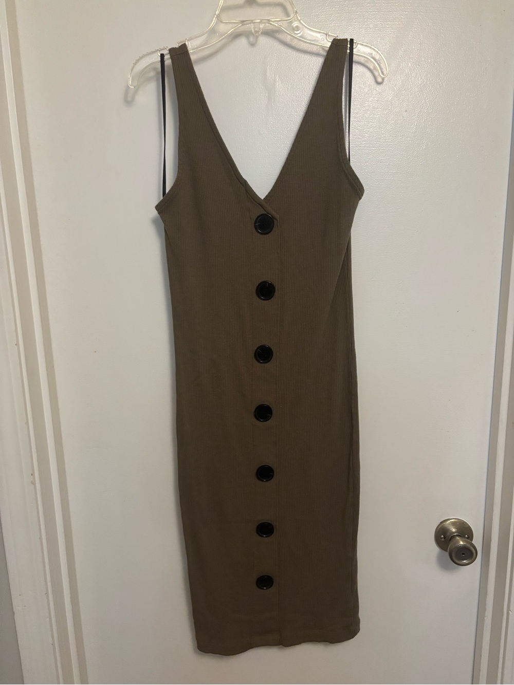 Forever 21 Brown Ribbed V-Neck Button-Front Midi Dress